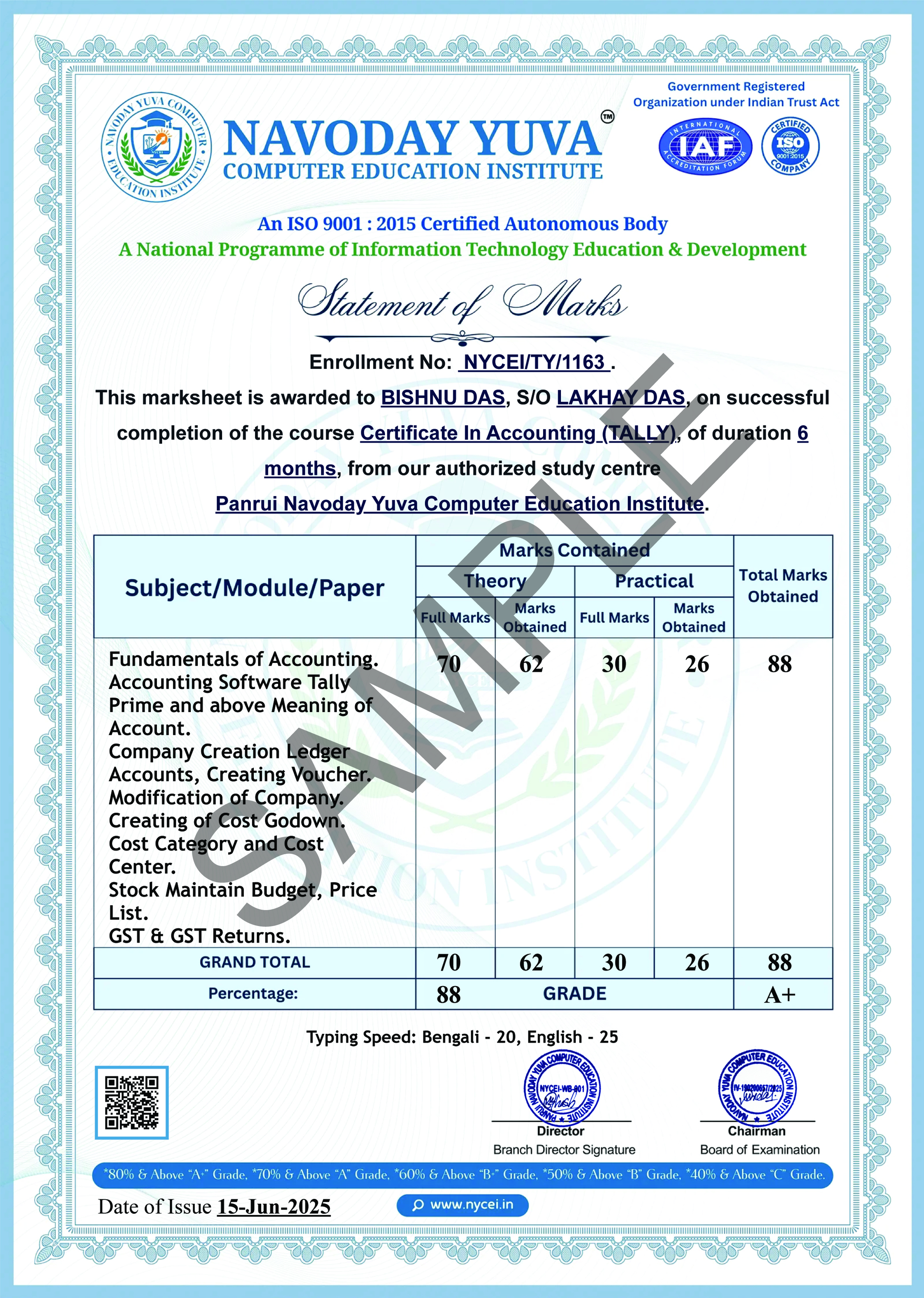 NYCEI MARKSHEET SAMPLE